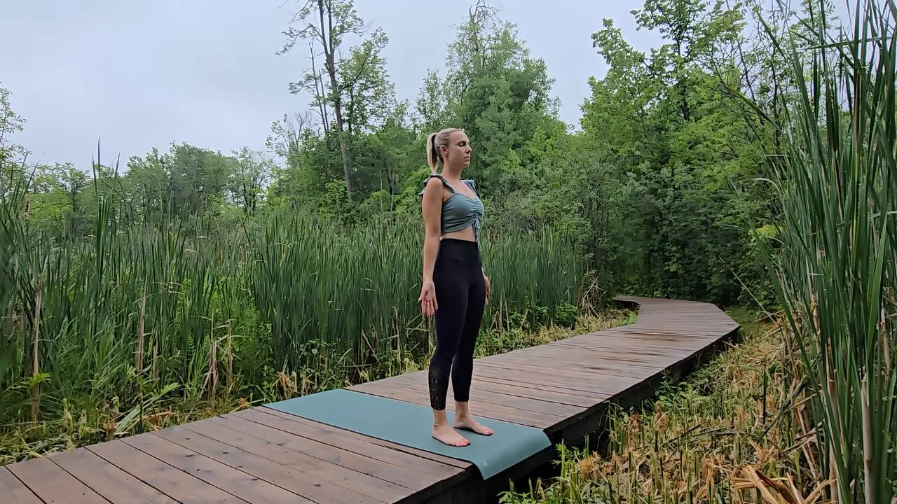 Illustrated Mountain Pose against a mountain landscape